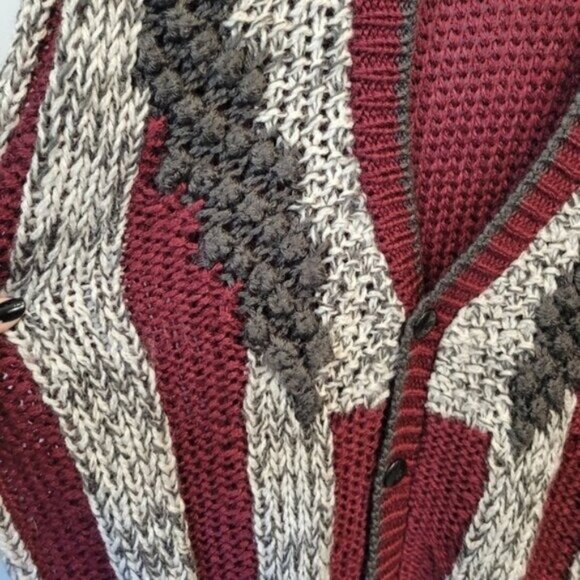 Vintage Sears 80's Hand Knit Chunky Knit Oversized Cardigan Sweater Red Gray - Picture 6 of 7